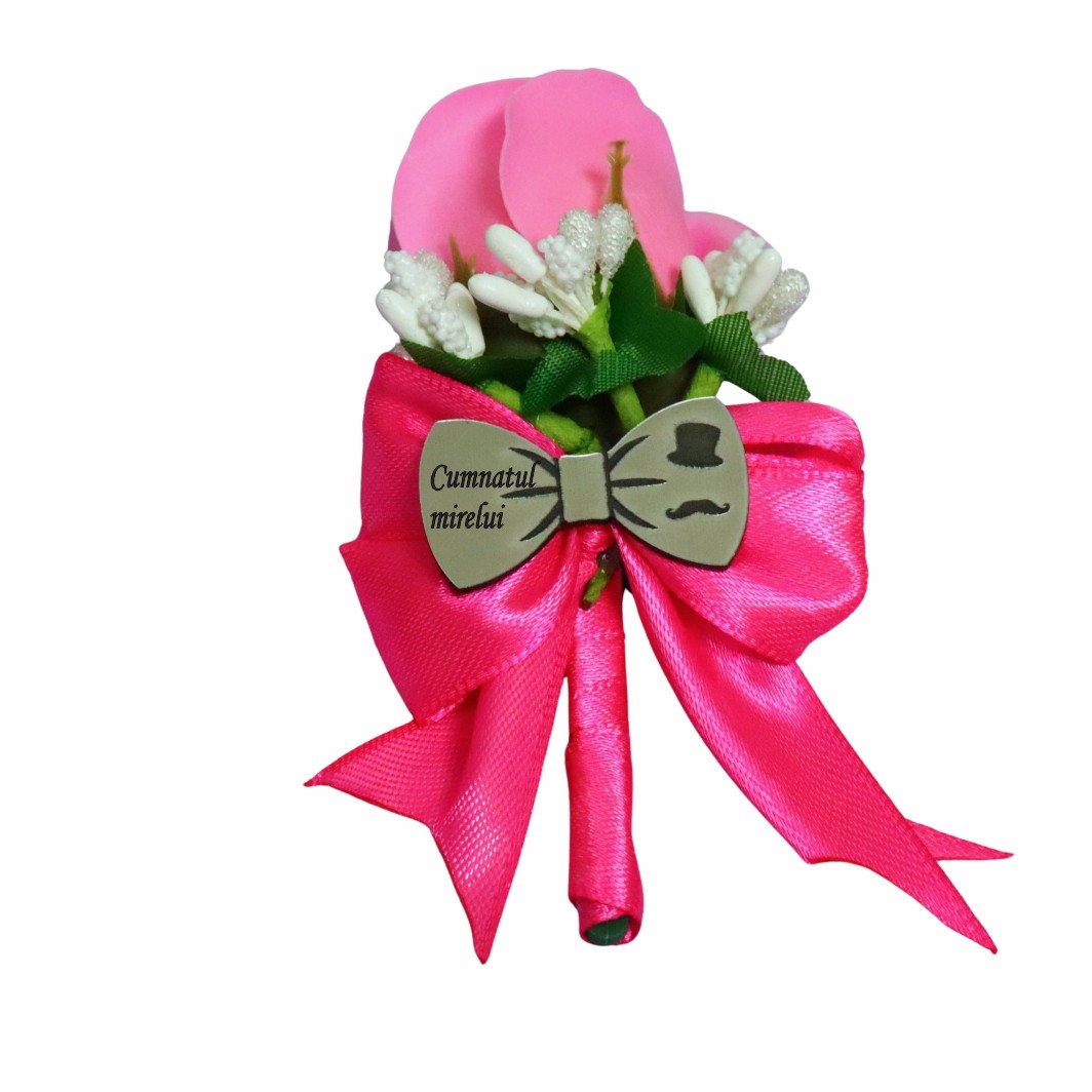 CFL164 Cocarde Nunta, Model Papion Floral, Trandafir, Argintiu-Roz Fucsia, CFL009 - imagine 2
