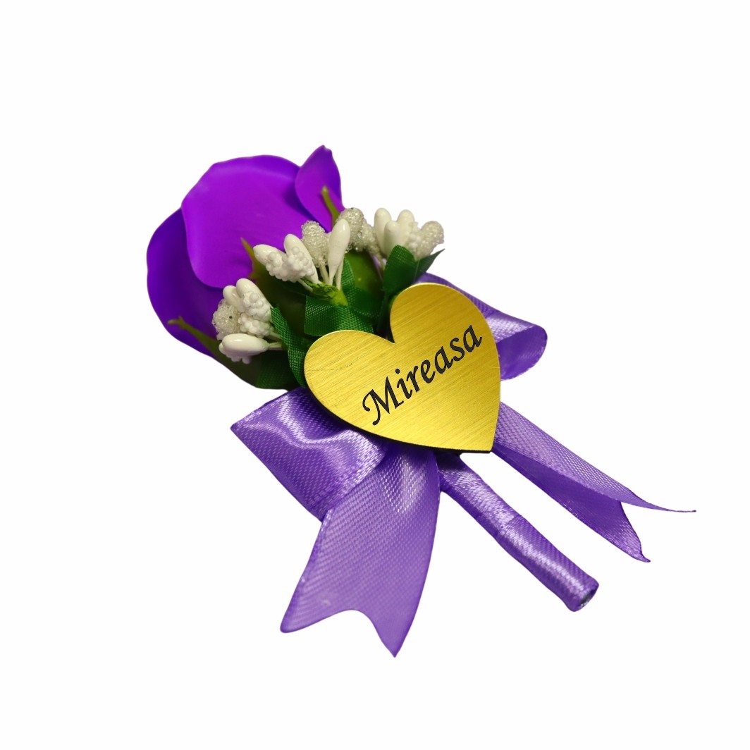 CFL165.. Cocarde Nunta, Model Inima Floral, Trandafir, Auriu-Mov, CFL024 - imagine 2