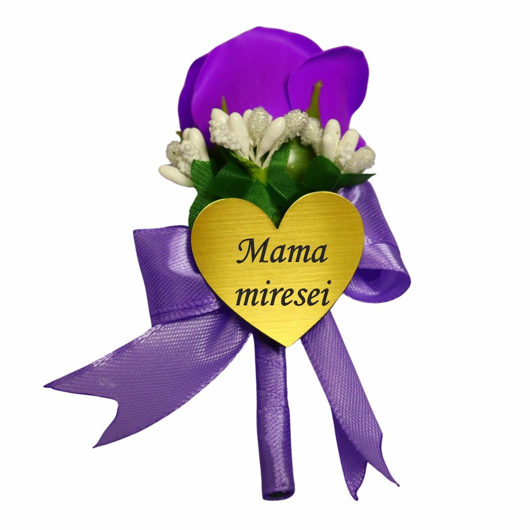 CFL170 Cocarde Nunta, Model Inima Floral, Trandafir, Auriu-Mov, CFL024 - imagine 7