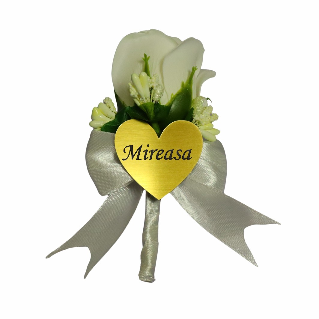 CFL187 Cocarde Nunta, Model Inima Floral, Trandafir, Auriu-Alb, CFL016 - imagine 6