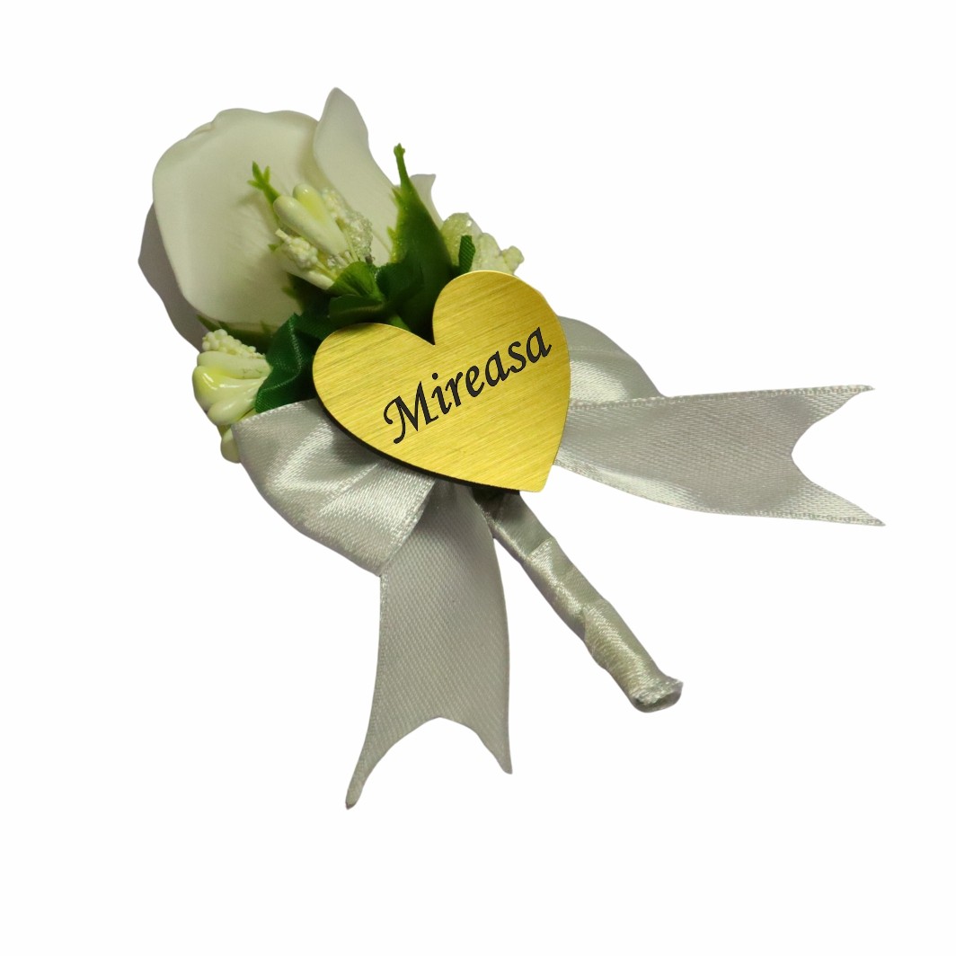 CFL187.. Cocarde Nunta, Model Inima Floral, Trandafir, Auriu-Alb, CFL016 - imagine 2