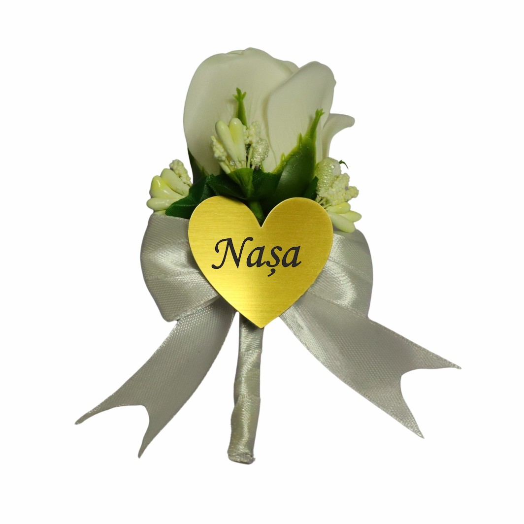 CFL188 Cocarde Nunta, Model Inima Floral, Trandafir, Auriu-Alb, CFL016 - imagine 1