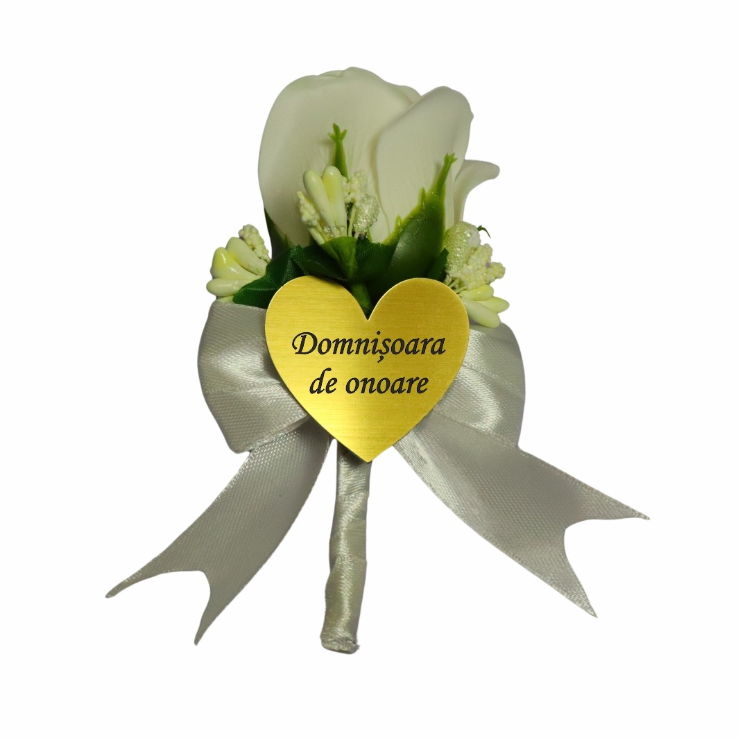 CFL189 Cocarde Nunta, Model Inima Floral, Trandafir, Auriu-Alb, CFL016 - imagine 7