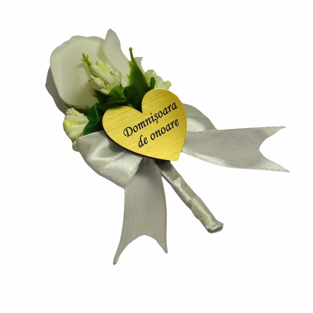 CFL189.. Cocarde Nunta, Model Inima Floral, Trandafir, Auriu-Alb, CFL016 - imagine 5