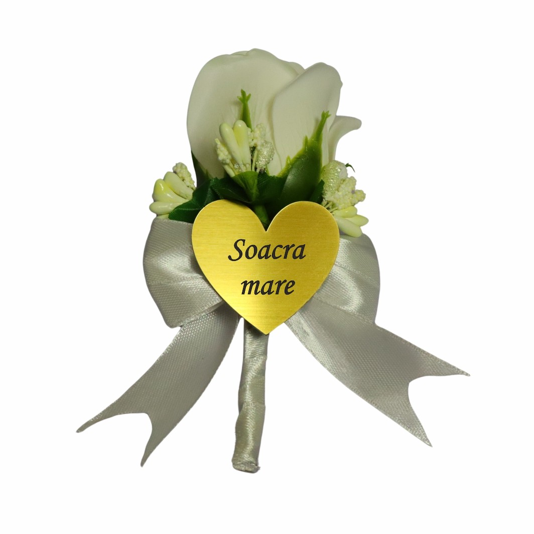 CFL190 Cocarde Nunta, Model Inima Floral, Trandafir, Auriu-Alb, CFL016 - imagine 9