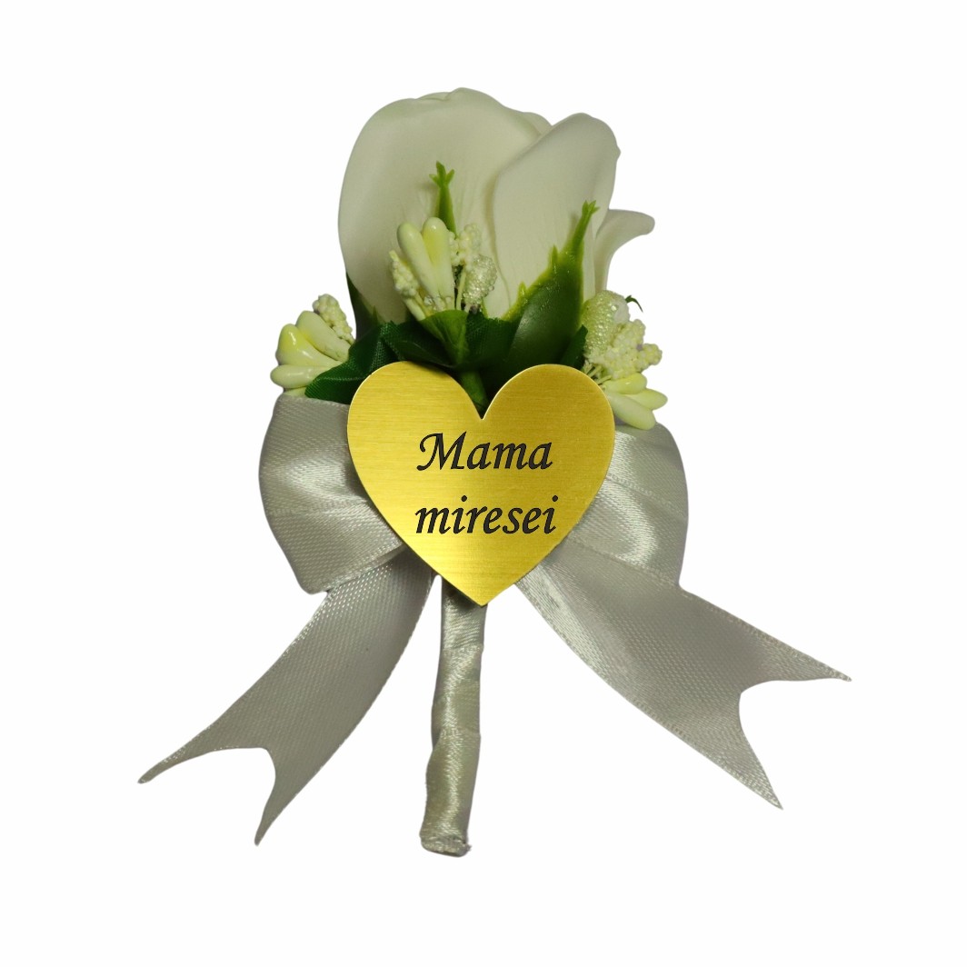 CFL192 Cocarde Nunta, Model Inima Floral, Trandafir, Auriu-Alb, CFL016 - imagine 11