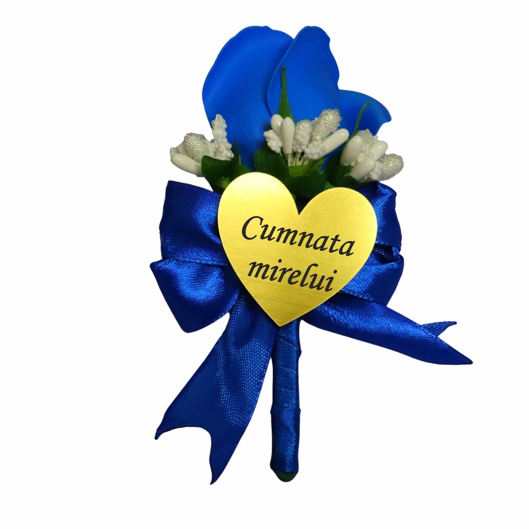 CFL219 Cocarde Nunta, Model Inima Floral, Trandafir, Auriu-Albastru, CFL018 - imagine 9