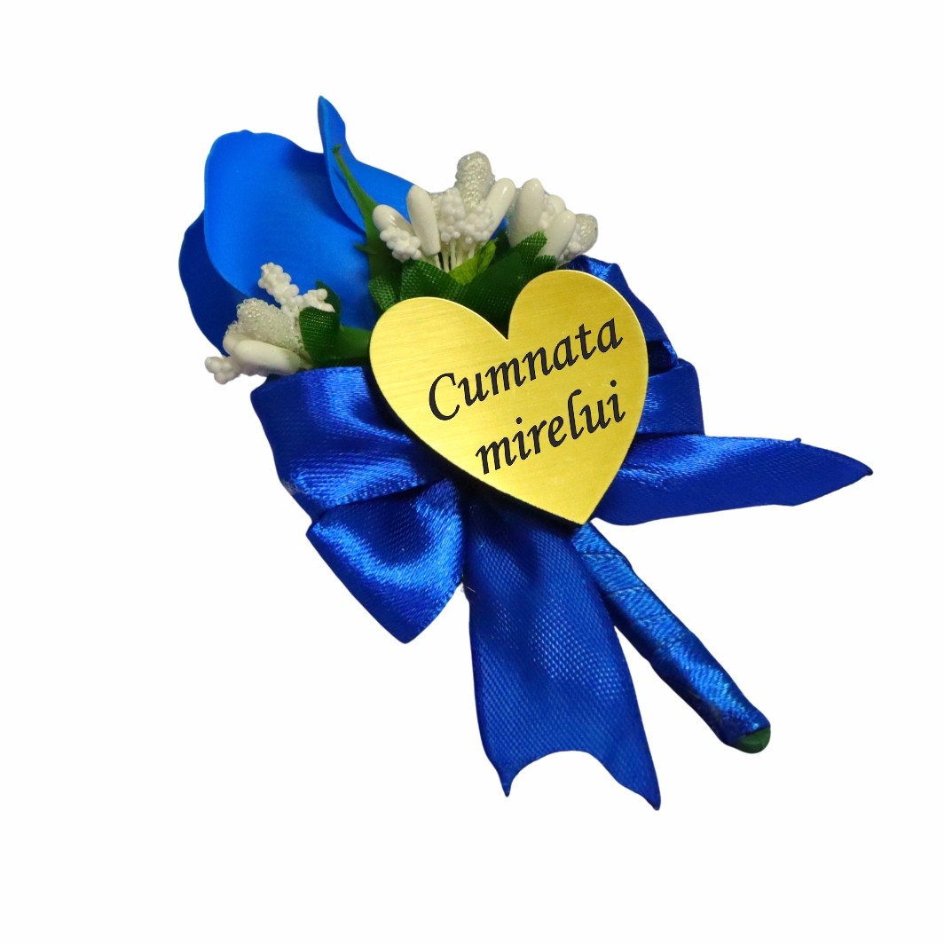 CFL219.. Cocarde Nunta, Model Inima Floral, Trandafir, Auriu-Albastru, CFL018 - imagine 8