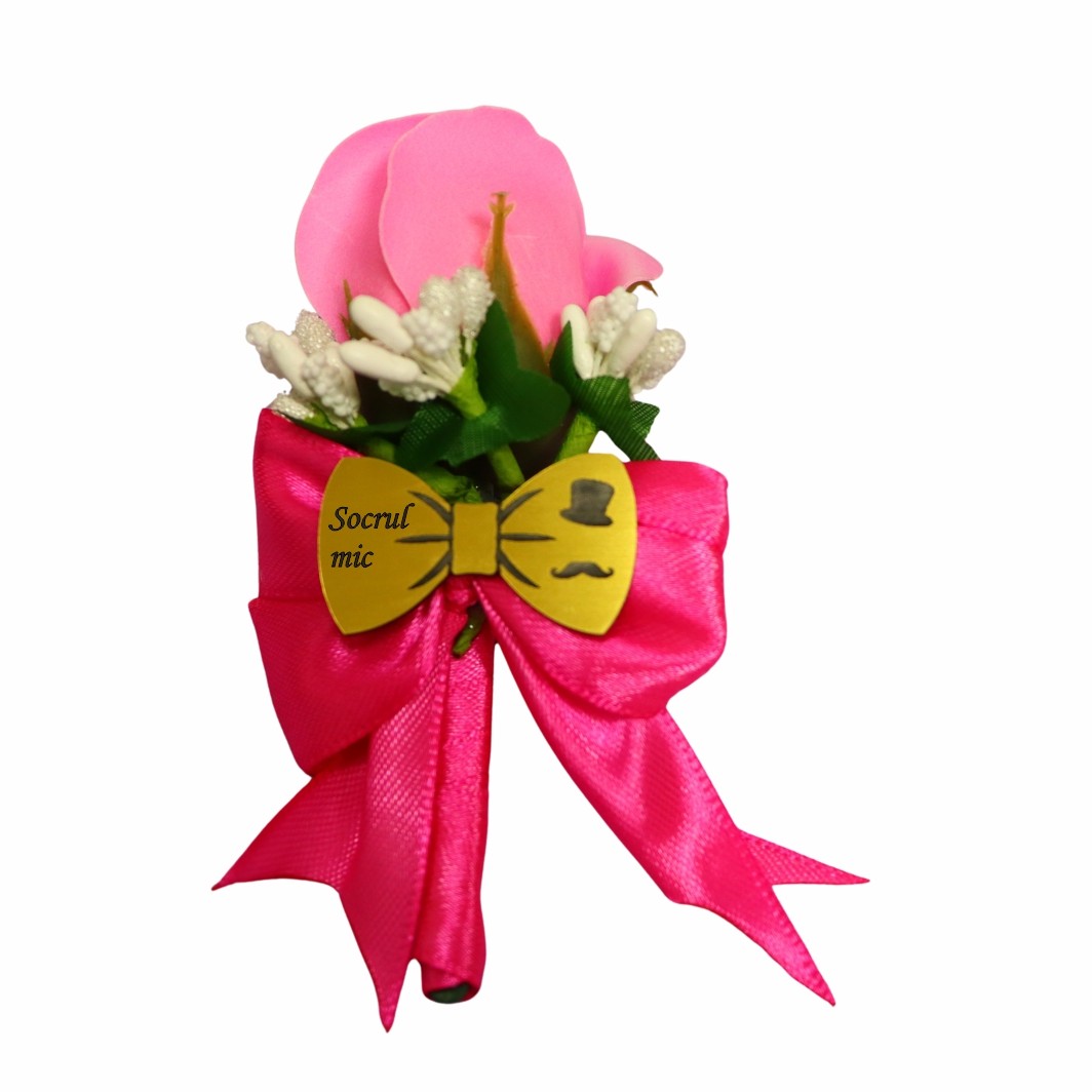 CFL290 Cocarde Nunta, Model Papion Floral, Trandafir, Auriu-Roz Fucsia, CFL023 - imagine 8
