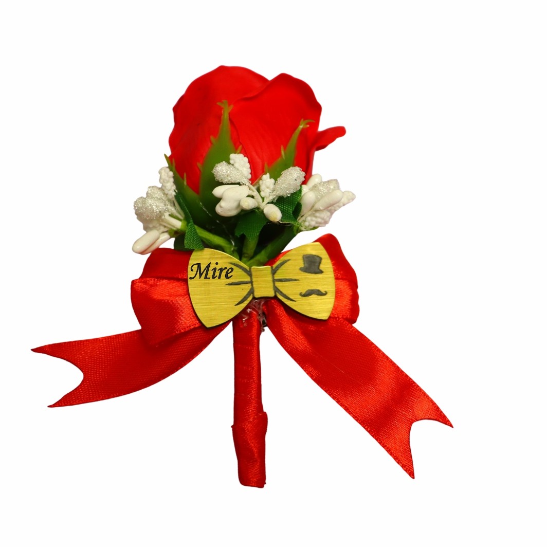 CFL308 Cocarde Nunta, Model Papion Floral, Trandafir, Auriu-Rosu, CFL026 - imagine 9