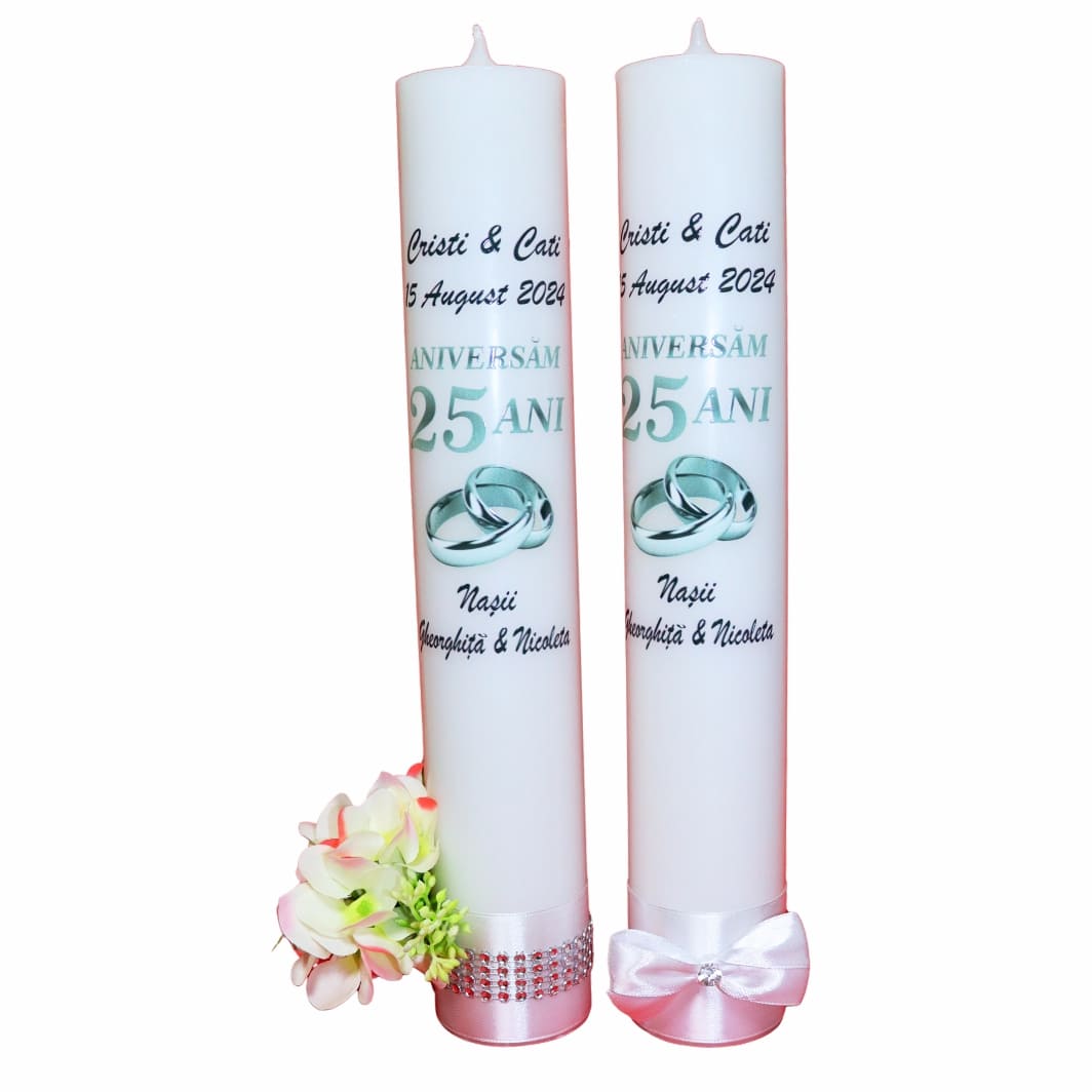 LN027 Set Lumanari, Nunta de Argint, Personalizate, 2 Bucati, Argintiu, Alb, 35 cm, LN027 - imagine 1