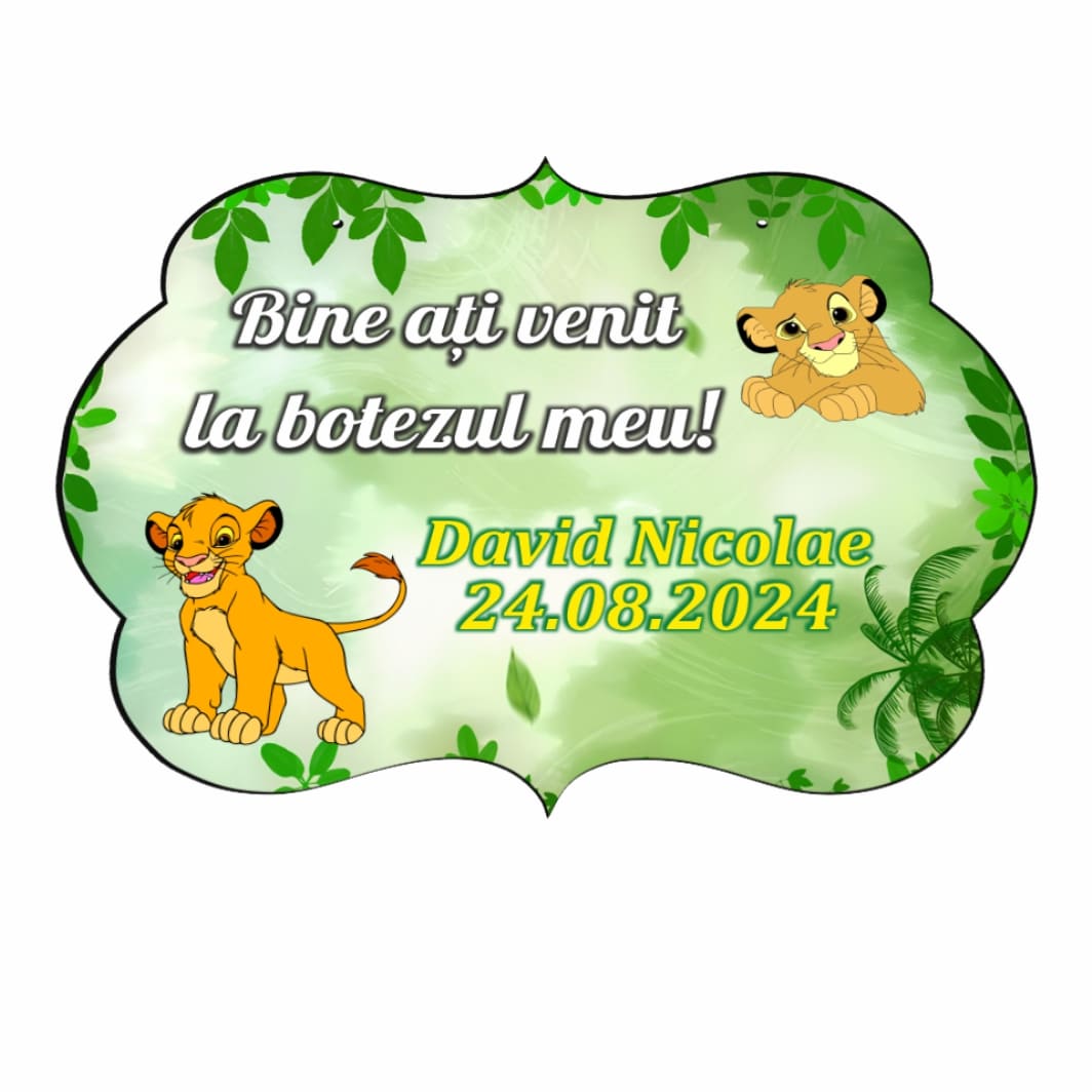 PBBUV001. Pancarta Bine Ati Venit, Personalizata, Botez, Lion King, 40x31cm, PBBUV001 - imagine 3