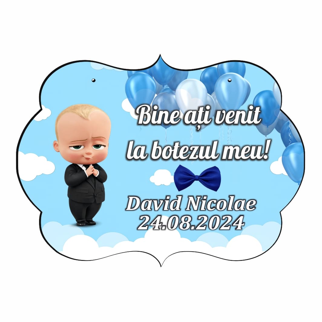 PBBUV004 Pancarta Bine Ati Venit, Personalizata, Botez, Baby Boss, 40x31cm, PBBUV004 - imagine 1