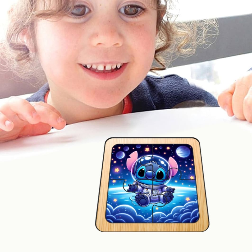 PDUV009. Puzzle din lemn, Stitch, 4 piese, Multicolor, 10x10 cm, PDUV009 - imagine 4