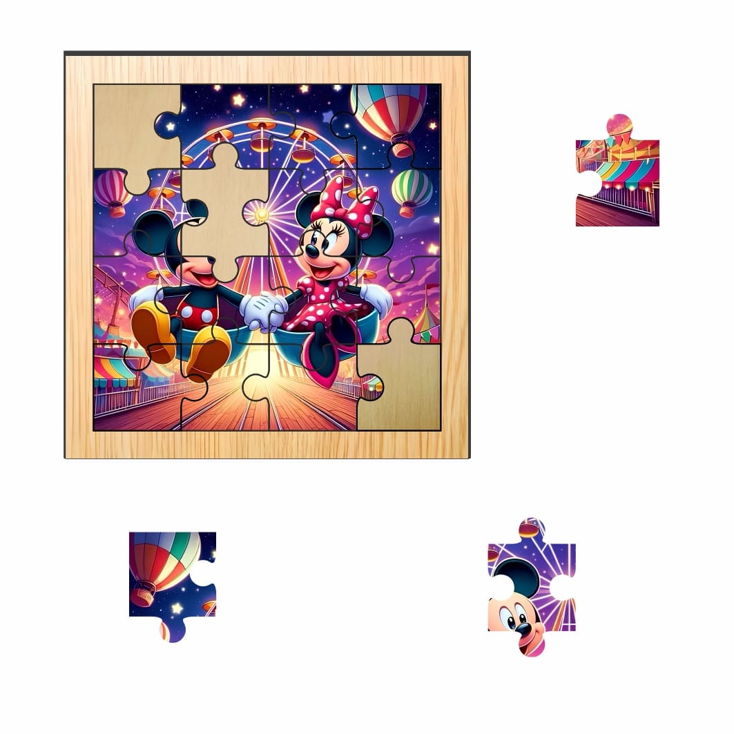 PDUV027. Puzzle din lemn, Minnie Mouse, Mickey Mouse, 16 piese, Multicolor, 17x17 cm, PDUV027 - imagine 2