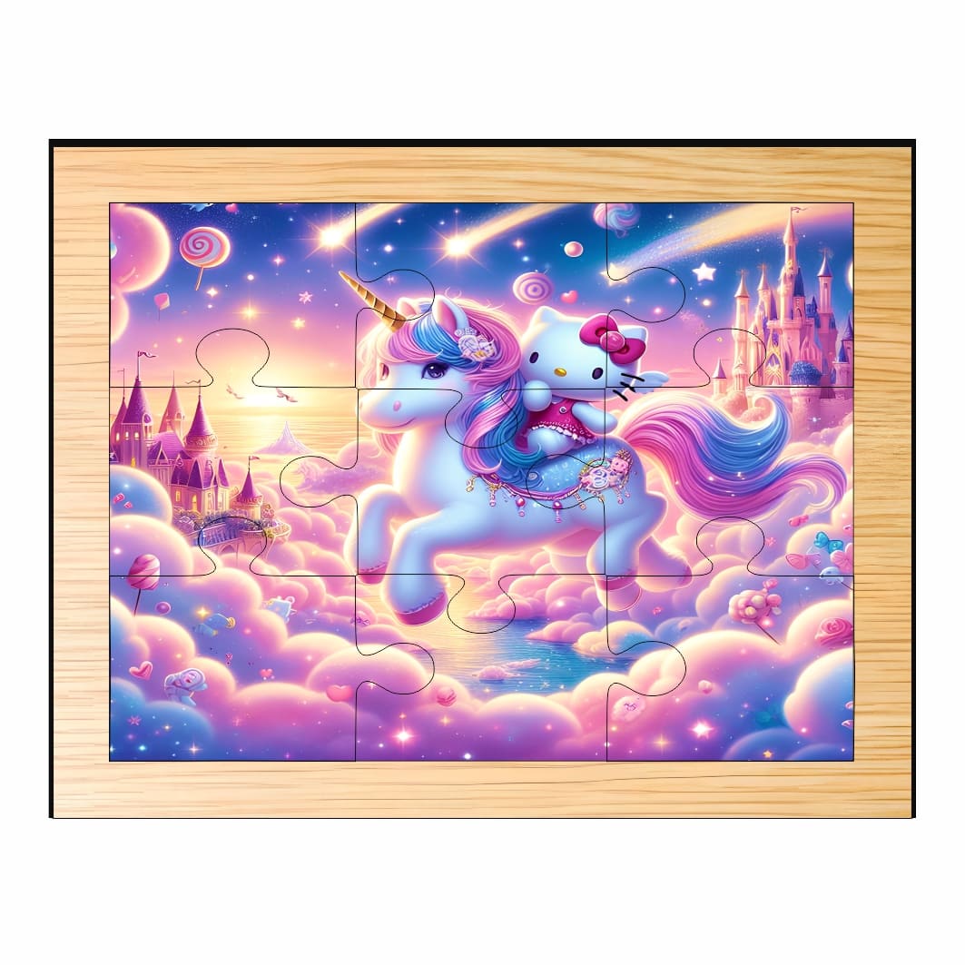 PDUV063 Puzzle din lemn, Hello Kitty, Unicorn, 9 piese, Multicolor, 15x12 cm, PDUV063 - imagine 1