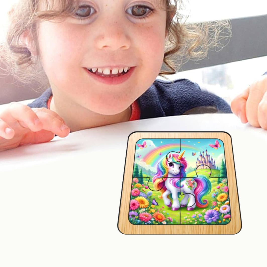 PDUV092.. Puzzle din lemn, Unicorn, 4 piese, Multicolor, 10x10 cm, PDUV092 - imagine 4