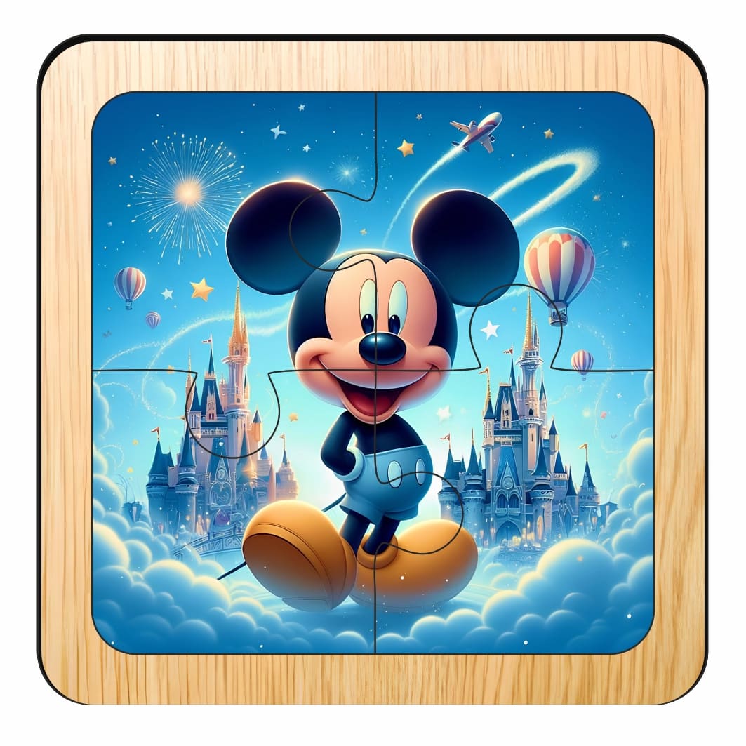 PDUV100 Puzzle din lemn, Mickey Mouse, 4 piese, Multicolor, 10x10 cm, PDUV100 - imagine 1