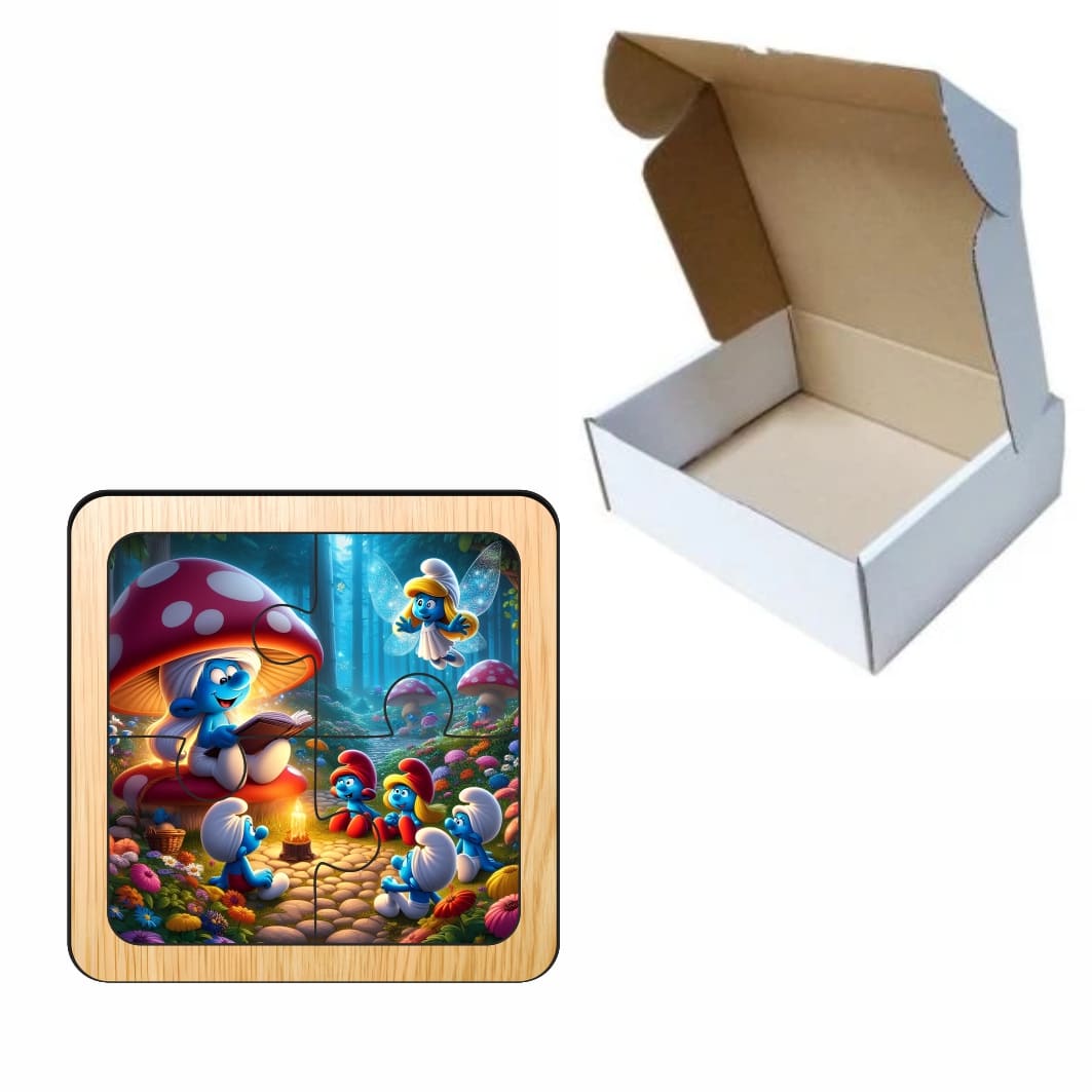 PDUV113.. Puzzle din lemn, Strumfi, 4 piese, Multicolor, 10x10 cm, PDUV113 - imagine 3