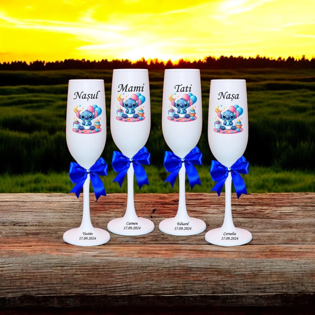 PHB015.. Set 4 Pahare Personalizate, Baby Stitch, Botez, Parinti, Nasi, Alb, PHB015 - imagine 4