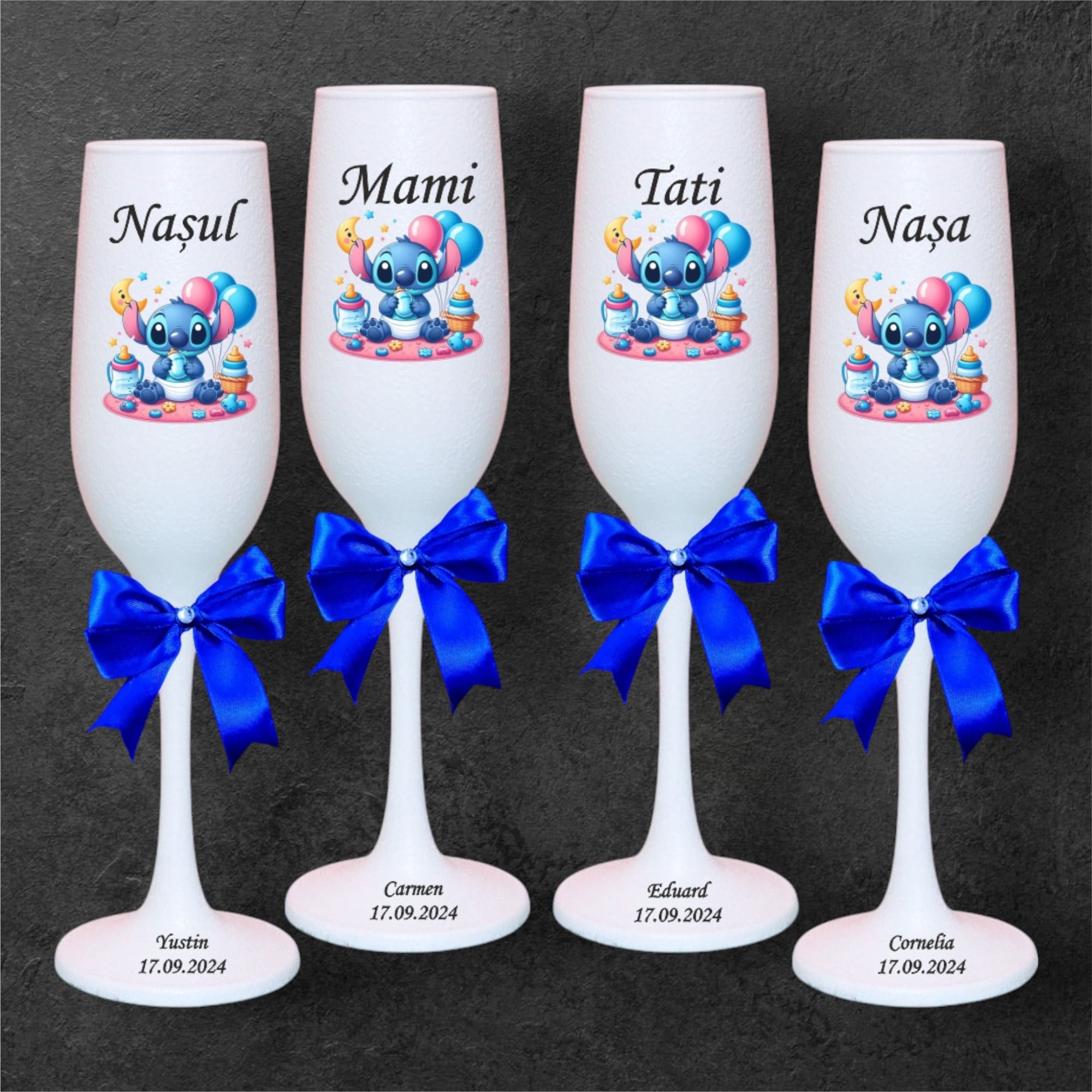 PHB015. Set 4 Pahare Personalizate, Baby Stitch, Botez, Parinti, Nasi, Alb, PHB015 - imagine 3