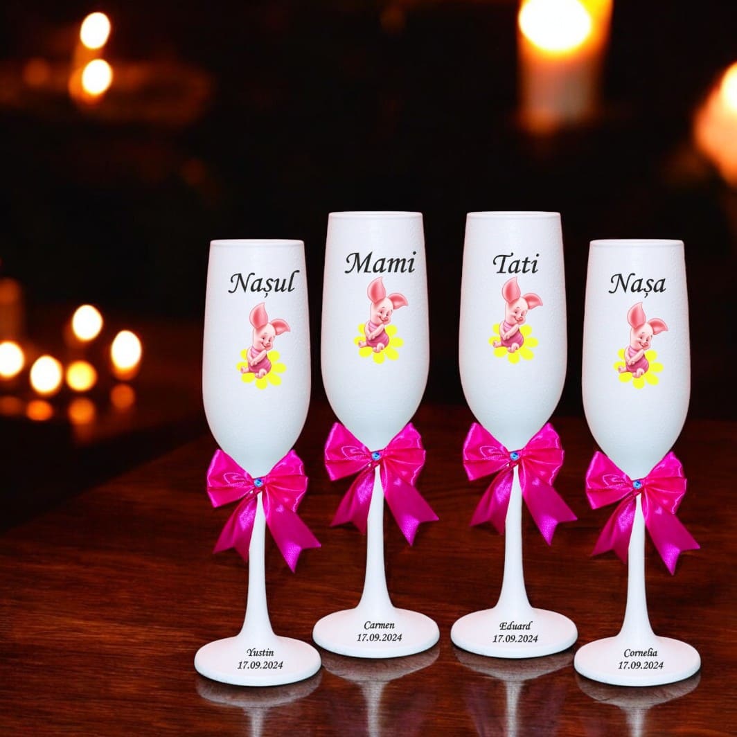 PHB018. Set 4 Pahare Personalizate, Porcusorul Piglet, Botez, Parinti, Nasi, Alb, PHB018 - imagine 3