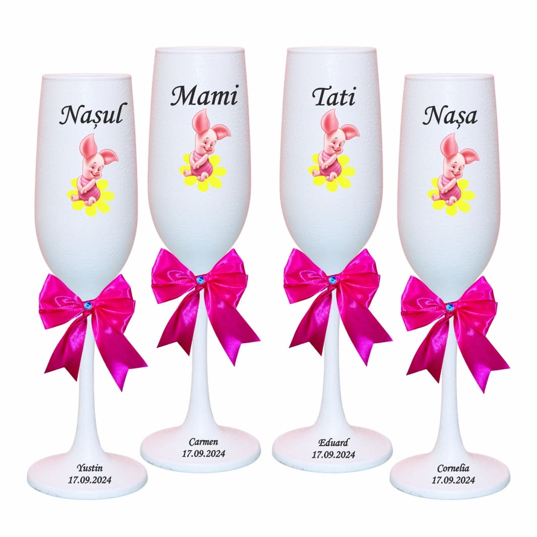 PHB018 Set 4 Pahare Personalizate, Porcusorul Piglet, Botez, Parinti, Nasi, Alb, PHB018 - imagine 1