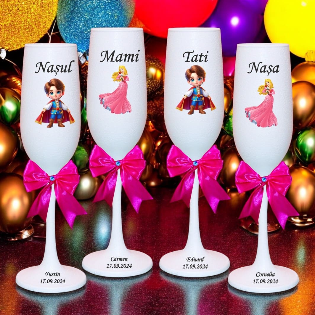 PHB020. Set 4 Pahare Personalizate, Frumoasa Adormita, Botez, Parinti, Nasi, Alb, PHB020 - imagine 3