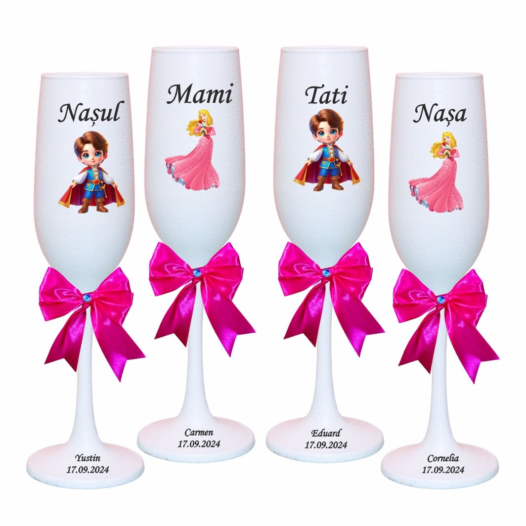 PHB020 Set 4 Pahare Personalizate, Frumoasa Adormita, Botez, Parinti, Nasi, Alb, PHB020 - imagine 1
