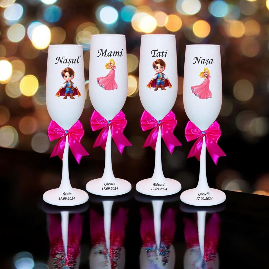 PHB020... Set 4 Pahare Personalizate, Frumoasa Adormita, Botez, Parinti, Nasi, Alb, PHB020 - imagine 2