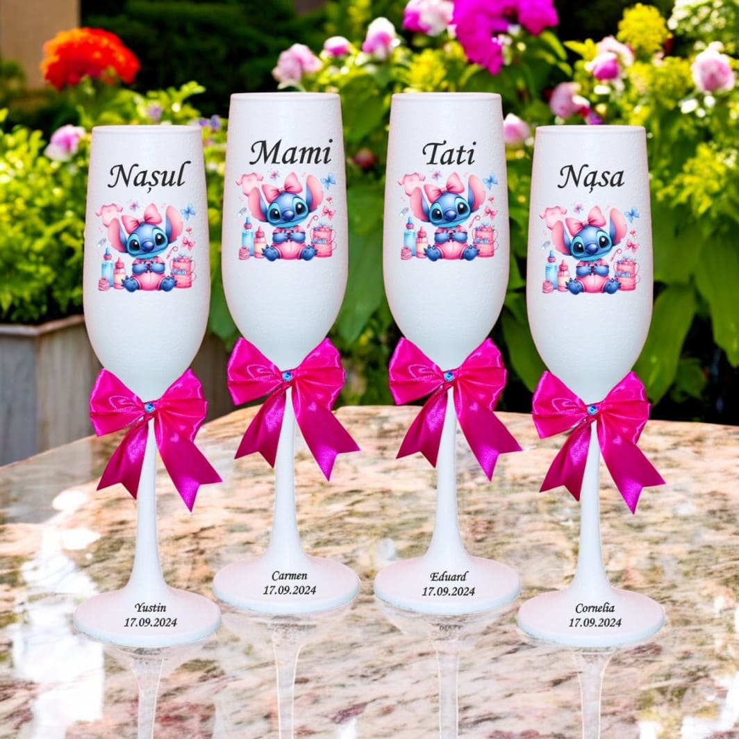 PHB033. Set 4 Pahare Personalizate, Baby Stitch, Botez, Parinti, Nasi, Alb, PHB033 - imagine 3