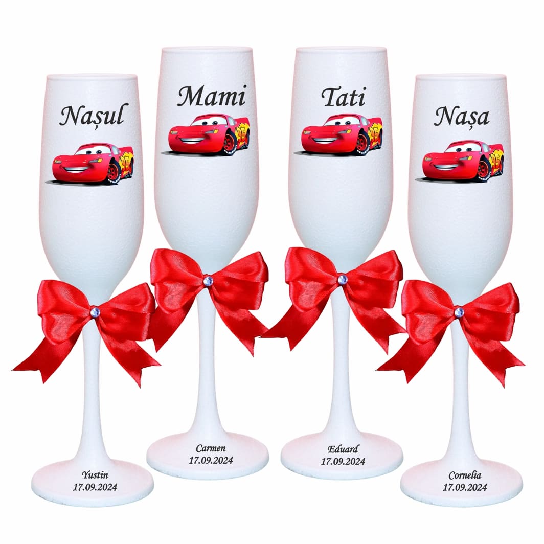 PHB043 Set 4 Pahare Personalizate, Cars, Botez, Parinti, Nasi, Alb, PHB043 - imagine 1