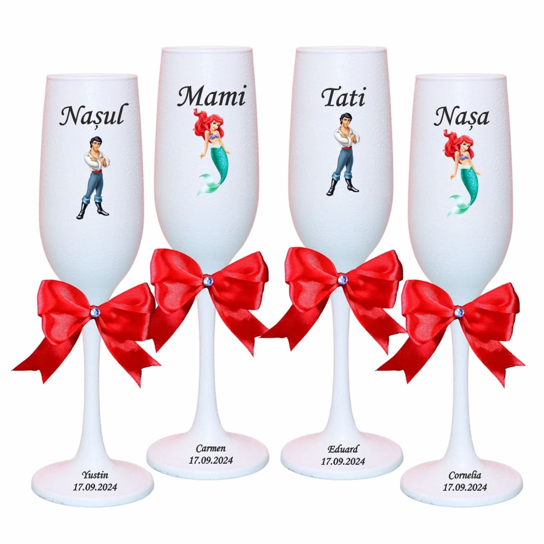 PHB046 Set 4 Pahare Personalizate, Mica Sirena, Botez, Parinti, Nasi, Alb, PHB046 - imagine 1