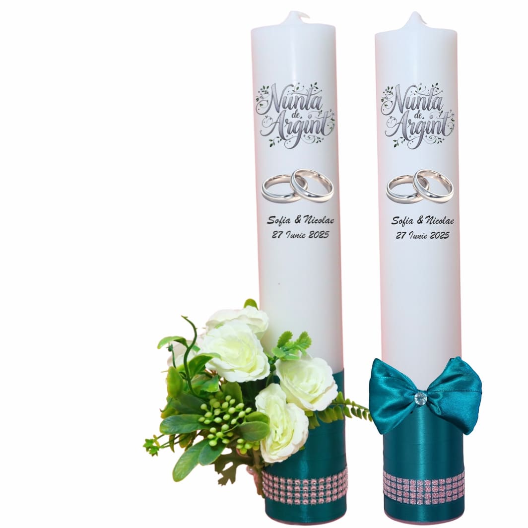 LNAG007. Set Lumanari, Nunta de Argint, Personalizate, 2 Bucati, Verde, 35 cm, LNAG007 - imagine 1