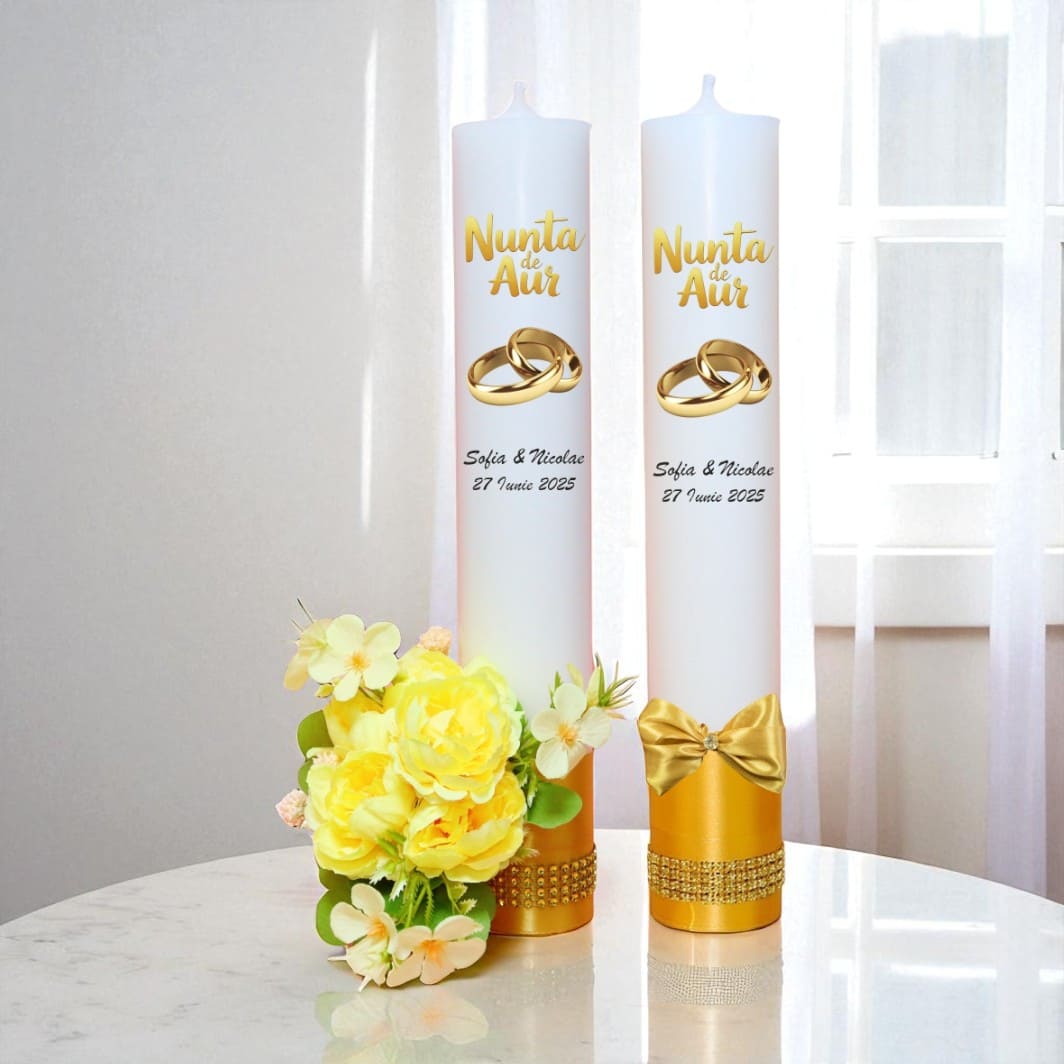 LNAU003...... Set Lumanari, Nunta de Aur, Personalizate, 2 Bucati, Auriu, 35 cm, LNAU003 - imagine 2