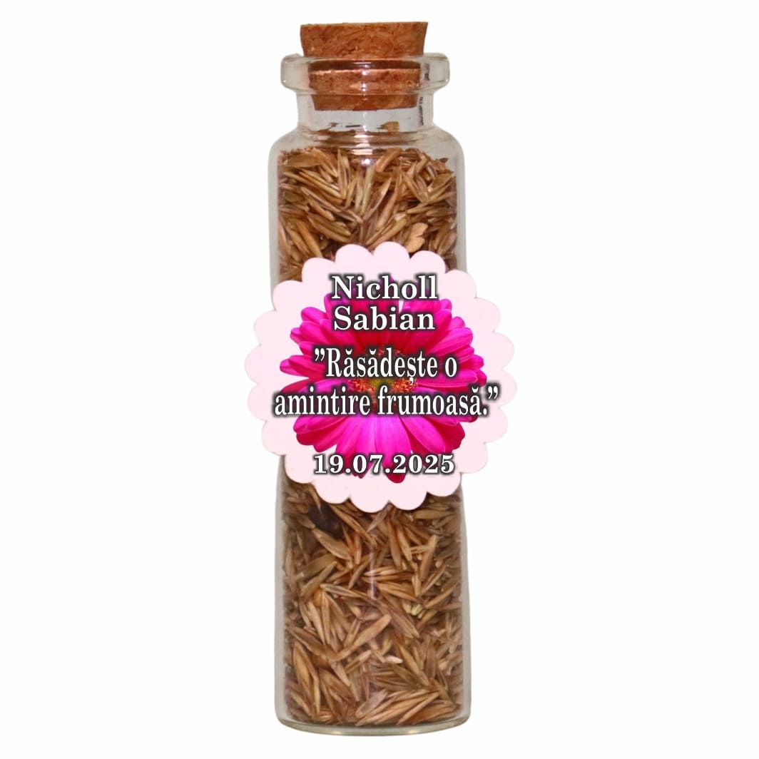 MBS003 mărturie botez semințe de flori în sticluță cu dop de plută