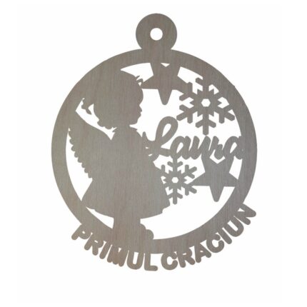 Ornament Festiv De Craciun Ingeras Lemn Personalizat Cu Nume Primul Craciun 9cm Gl129