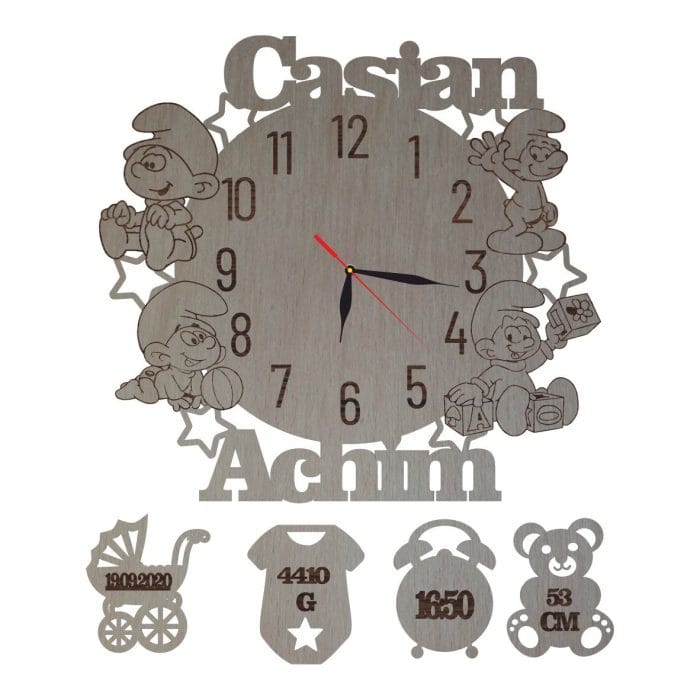Ceas Disney cu Strumfi, Lemn, 35 cm, CD009 - imagine 1