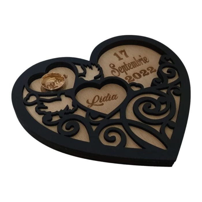 Cutie de verighete, Inima, Personalizata, Lemn Natur, Negru, CTV005 - imagine 3