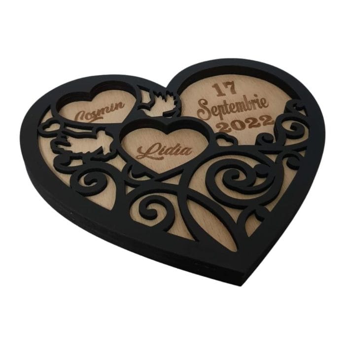 Cutie de verighete, Inima, Personalizata, Lemn Natur, Negru, CTV005 - imagine 4
