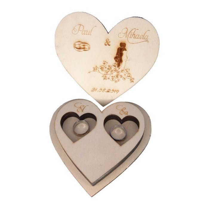 Cutie de verighete, Personalizata, Inima, Lemn Natur, CTV008 - imagine 2