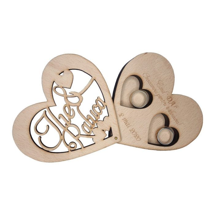 Cutie de verighete, Personalizata, Inima, Lemn Natur, CTV009 - imagine 3