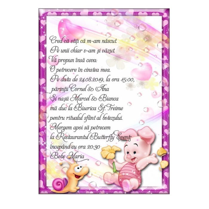 Invitatie botez, Model IC1 , Porcusorul Piglet, Format A5 - imagine 1