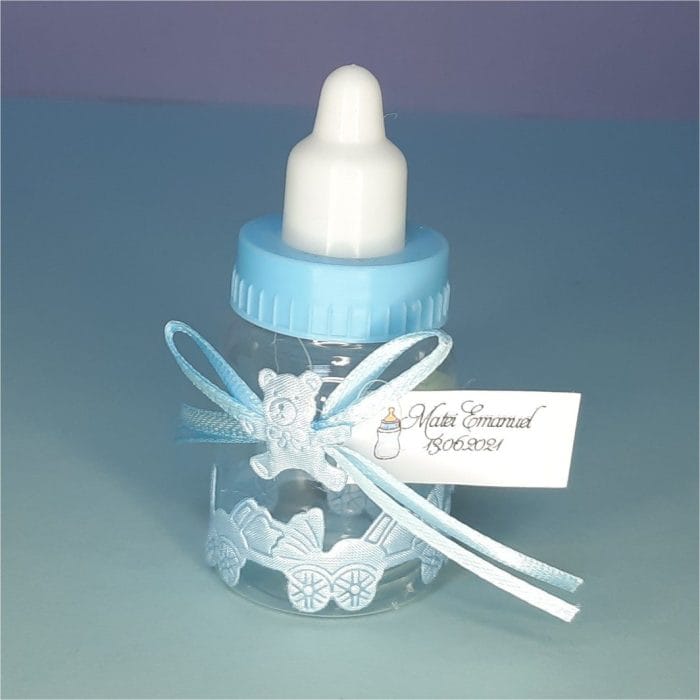 Marturie botez, Biberon, Personalizata, Plastic, 9x4 cm, Albastru - imagine 2