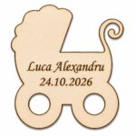 Marturie botez, Personalizata, Model Carucior Copil, Lemn, 7x7 cm, MB018