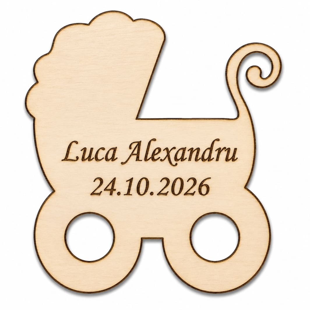 MB018 Marturie botez, Personalizata, Model Carucior Copil, Lemn, 7x7 cm, MB018 - imagine 1