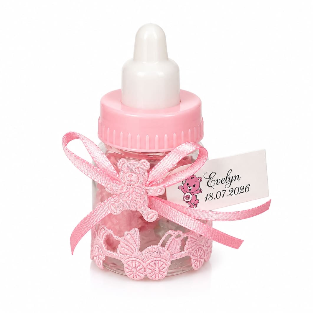 Marturie biberon roz. Marturie botez, Biberon, Personalizata, Plastic, 9x4 cm, Roz - imagine 1