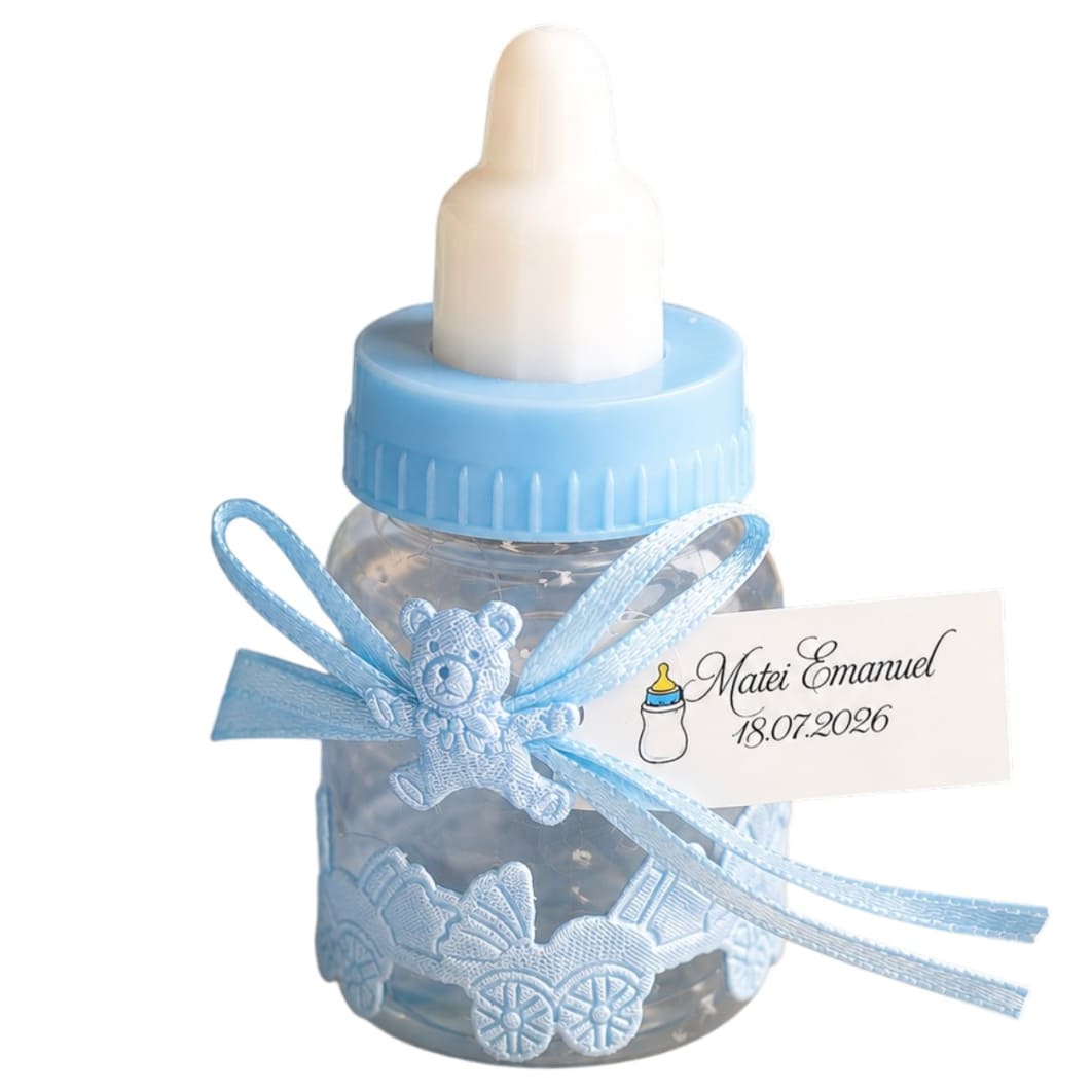 Marturie biberon. Marturie botez, Biberon, Personalizata, Plastic, 9x4 cm, Albastru - imagine 1