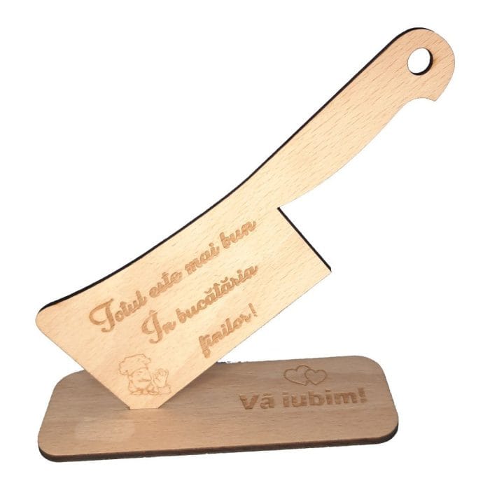 Decoratiune Cadou, Fini, Tip Cutit Bucatarie, Lemn Natur, 18x16cm, DCF001 - imagine 1