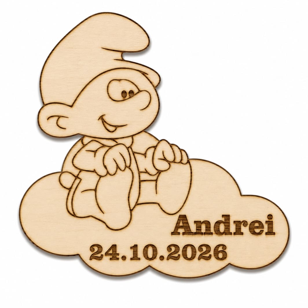 MB008 Marturie botez, Personalizata, Model Strumf, Lemn, 5x5 cm, MB008 - imagine 1